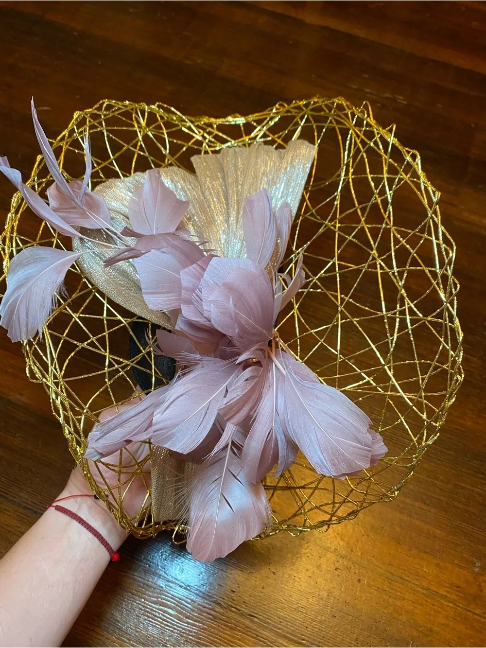 VGUC Aimee Fuller Elegant Gold and Pink Feathered Fascinator Headband